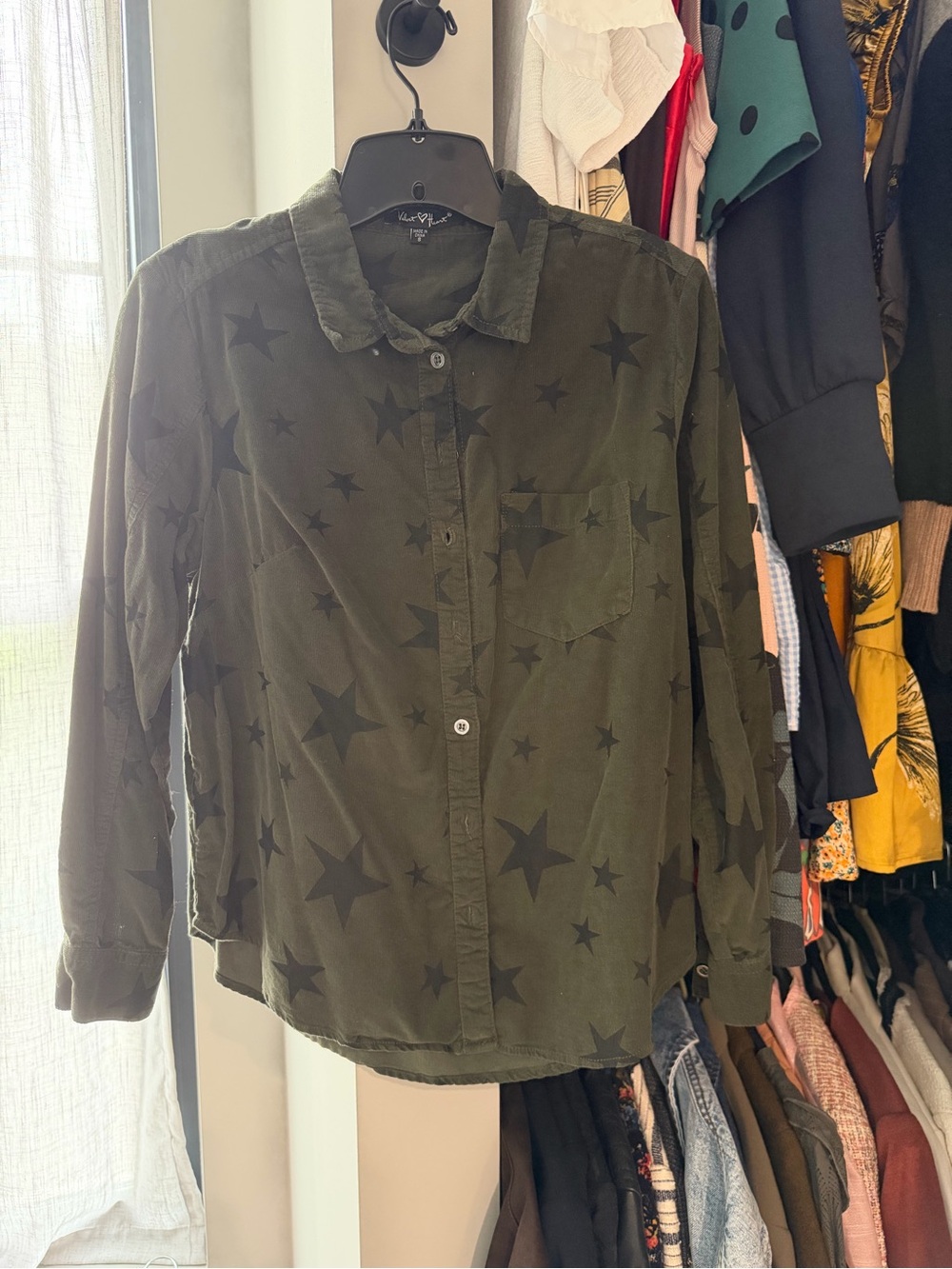 Olive Green Star-Print Button-Up Shirt
